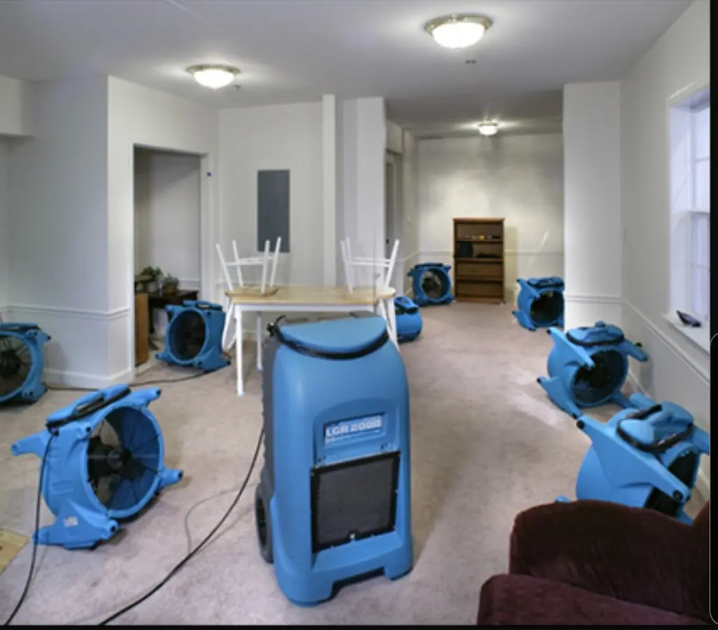 Air movers and dehumidifier setup for Water Extraction & Removal in Canby